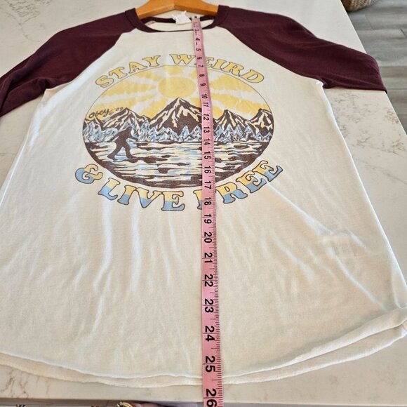 OBEY Size Small Raglan T-Shirt Maroon Big Foot Print “Stay Weird and Live Free” - Picture 9 of 9